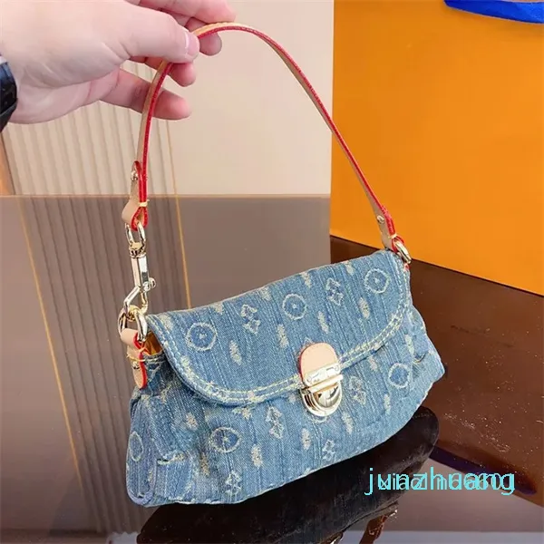 Designer Women Mini Pretty Denim Shoulder Bag Flowers Printed Canvas Underarm Handbag 2024