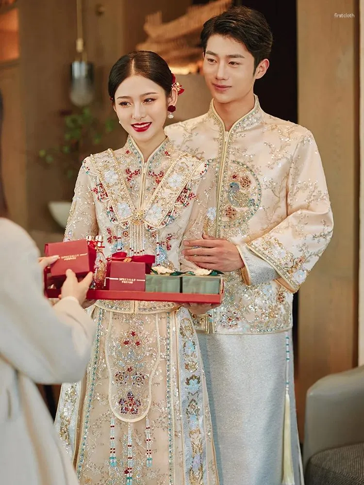 Chinese Couple Cheongsam Wedding Dress Champagne Gold Satin Mandarin Collar  with Sequins Beaded Embroidery from Dhgate Ethnic Clothing - price 180.66