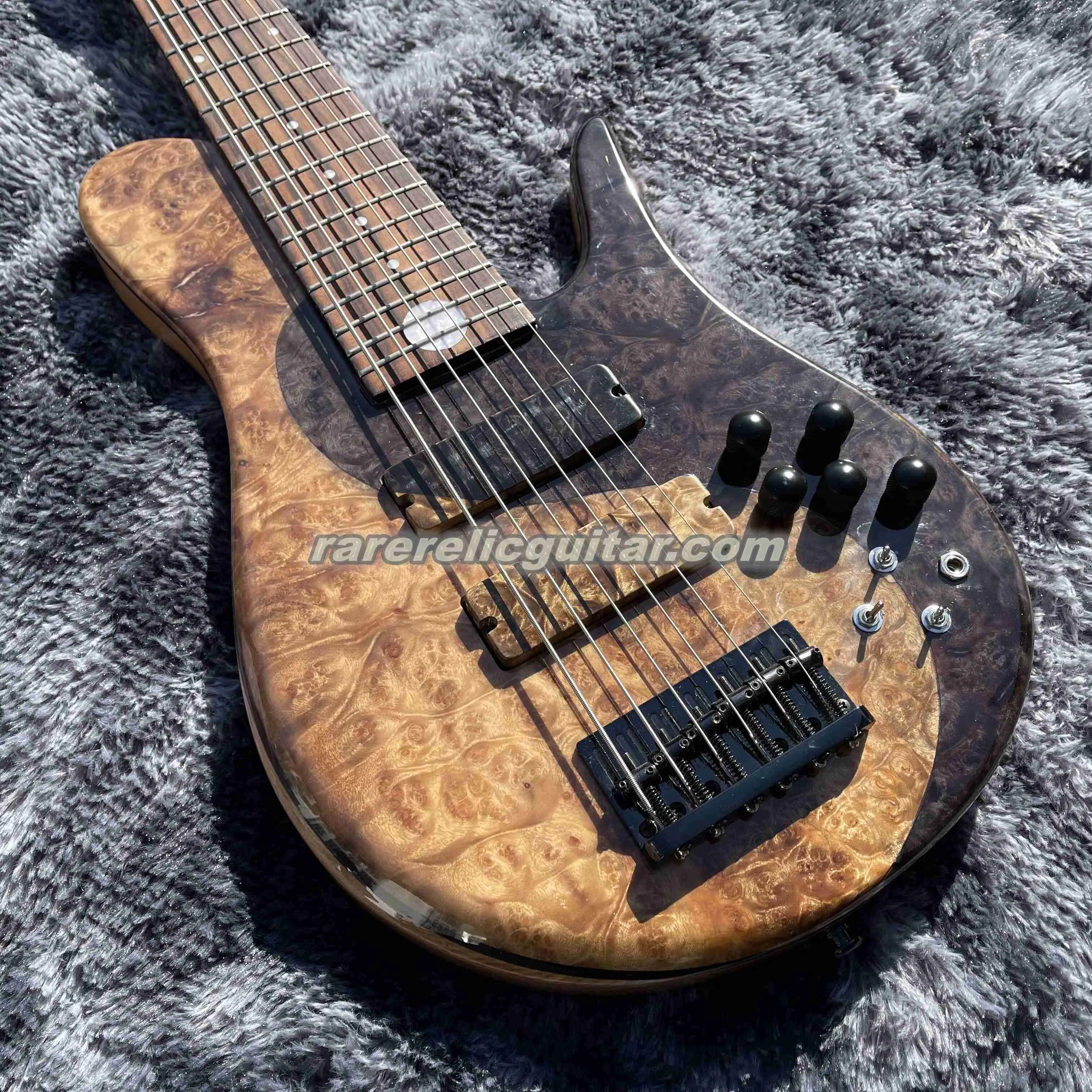 Super Rare Butterfly Buckeye Burl Yin Yang Imperial 6 Elite Matte Guitare basse électrique Manche à travers le corps Corps en frêne Manche en érable Matériel noir