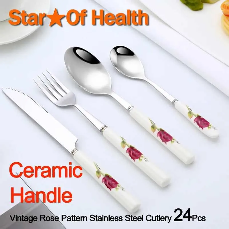 Camp Kitchen 24Pcs Luxury Tableware Set Stainless Steel Cutlery Ceramic Handle Knife Fork Coffee Spoon Vintage Pattern Tableware Cutlery Set YQ240123