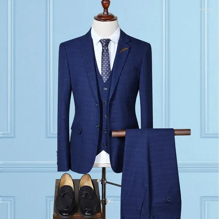 Men's Suits (Jacket Vest Pants)2024 Causal Woolen Grid Men's Custom Wedding Dress Suit Men Business Male Full Size Three Pieces