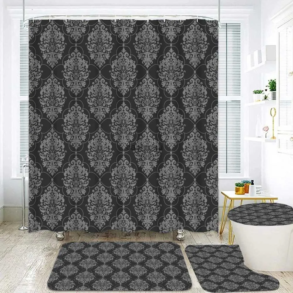Shower Curtains European Pattern Print Black Shower Curtains 3D Bathroom Curtain Set Anti-slip Bath Mat Soft Toilet Lid Cover Home Rugs Carpets