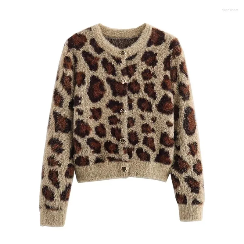 Women's Knits YENKYE Faux Fur Animal Jacquard Knit Cardigan Women Round Neck Long Sleeve Crop Outerwear Vintage Coat