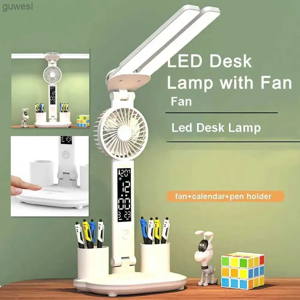 Desk Lamps 5-in-1 Desk Lamp with Fan Switch 180 degree Adjustable Temperature Light with Pen Time Holder Rotatable Display Night R0G3 YQ240123