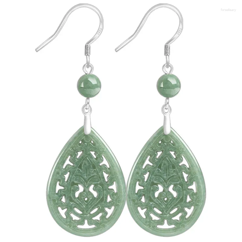 Boucles d'Oreilles Pendantes Jade Naturel de Qualité A Vintage Creux Sculpté Fleur Graine de Haricot S925 Argent Sterling Ethnique Femme