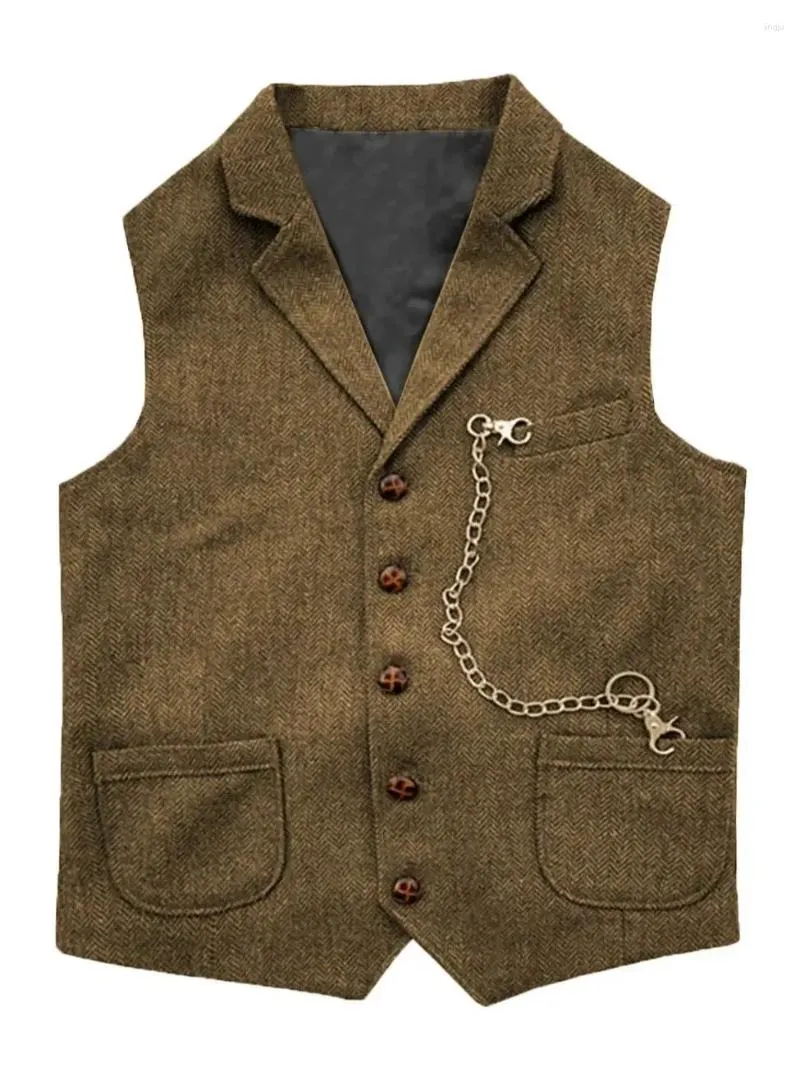 Men's Vests Vest Suit Brown Single Breasted Cowboy Waistcoat Men Male Classic Man Dress Tweed Suits Sleeveless Formal Business