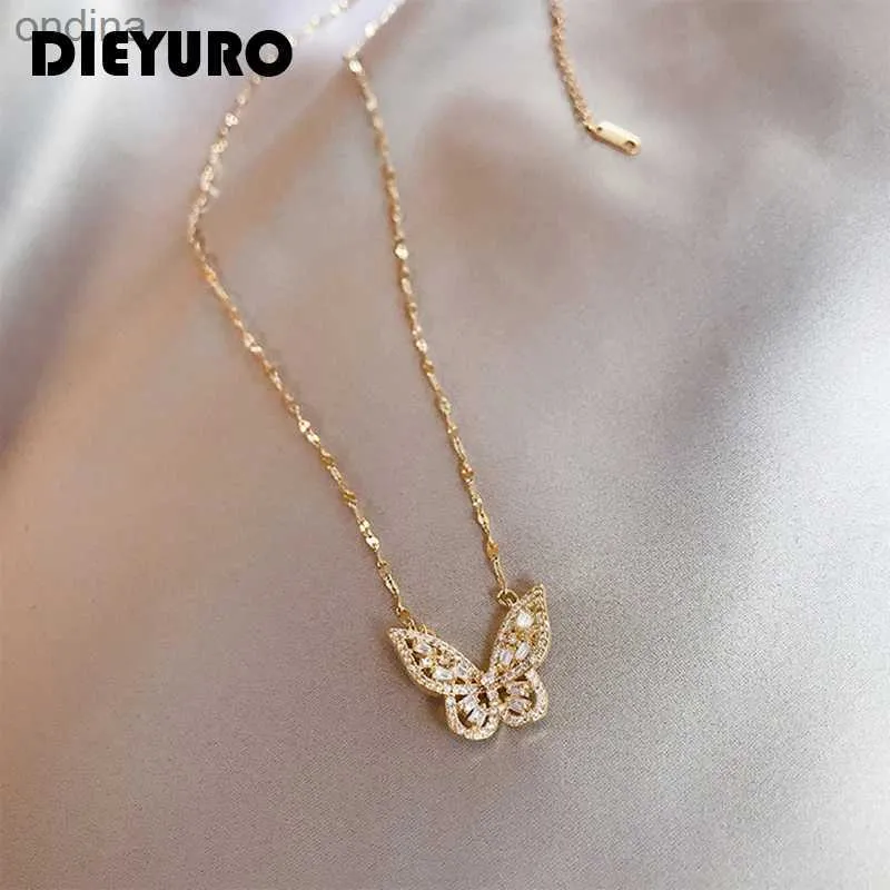 Pendant Necklaces DIEYURO 316L Stainless Steel Exquisite Gorgeous Butterfly Clavicle Chain Shining Zircon Wedding Jewelry Accessories Anniversary YQ240124