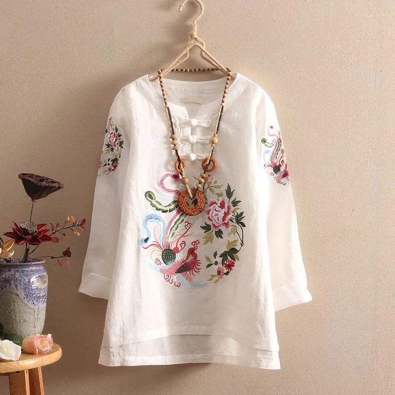 Женские блузки с национальной цветочной вышивкой, женская блузка в китайском стиле на пуговицах с длинным рукавом, осенняя винтажная рубашка, хлопковые льняные топы, нерегулярные