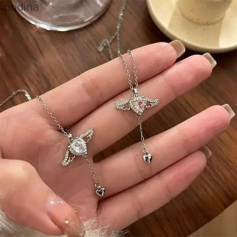 Pendant Necklaces Fashion Tassel Pendant Elegant Zircon Angel Love Heart Necklace For Women Neck Chain Y2K Jewelry Accessories Party Gift YQ240124