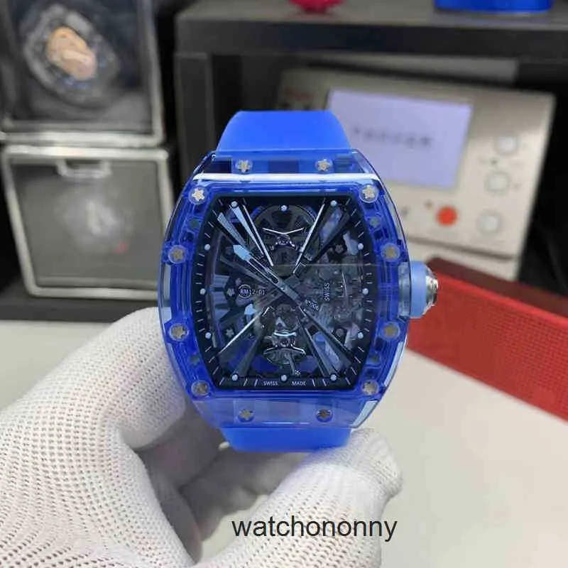 Leisure Miilles Luxury Riccha Mens Business Mechanical Watch Rm12-01 Manual Tourbillon Blue Crystal Case Tape Fashion Wristwatch Swisss
