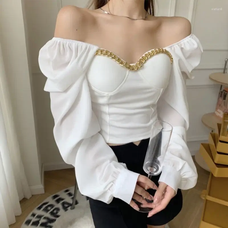 Women's Blouses QWEEK Off Shoulder Fashion Woman Blouse Korean Style White Elegant Feminine Shirts Long Sleeve Ladies Crop Top Sexy Chic