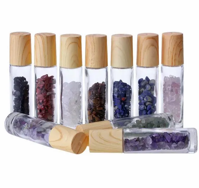 Essential Oil Diffuser 10ml Clear Glass Roll on Perfume Bottles with Crushed Natural Crystal Quartz Stone,Crystal Roller Ball Wood Grain Cap