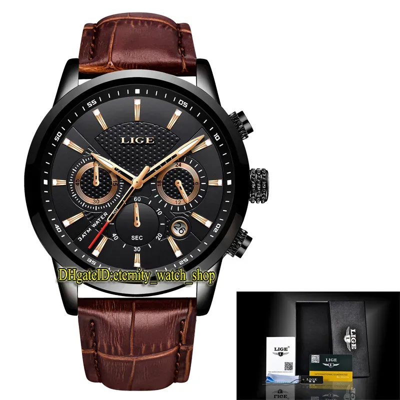 LIGE Eternity LG9866 Sport Lige Watch Price Cadran noir, mouvement chronographe à quartz Japon VK, boîtier en alliage or rose, bracelet en cuir marron Fr