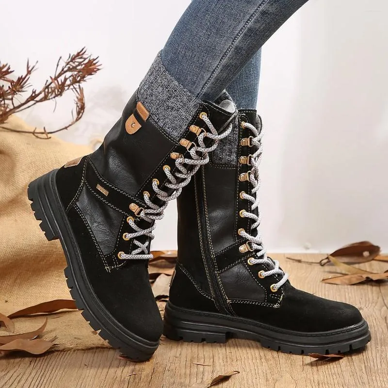 Laarzen Rock Schoenen Dames Lage Hakken Laarsjes Ronde Neus Luxe Designer Winterschoenen Laarzen-Dames Rits Midden Kuit Herfst Grote Maat Fashi