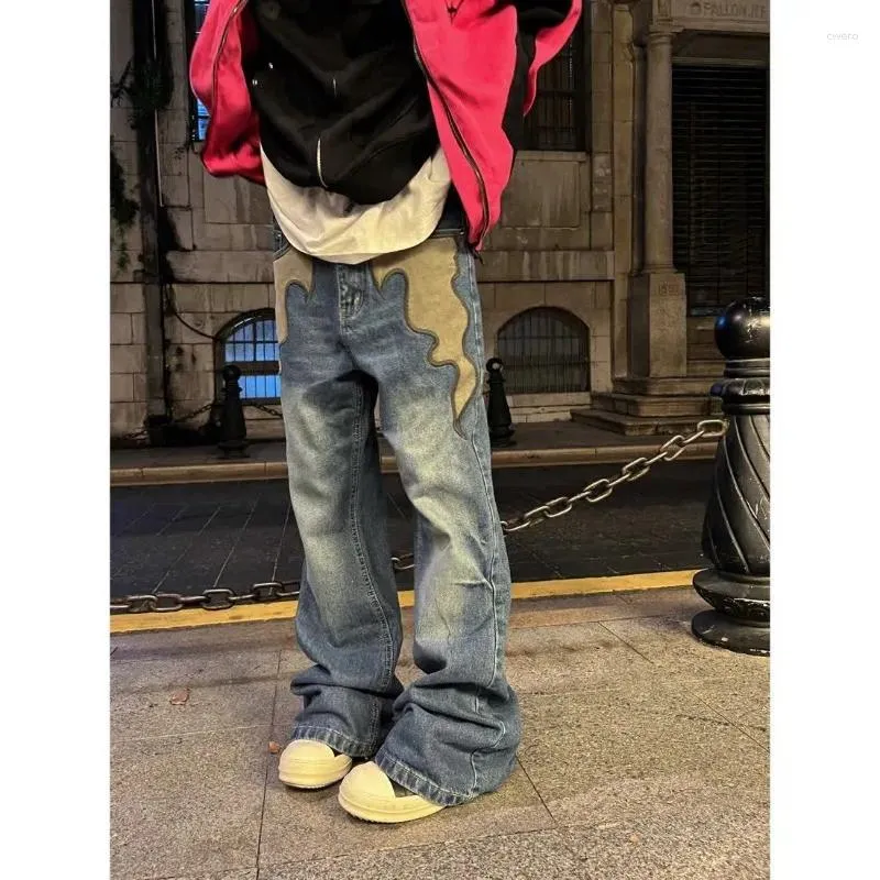 Calças de brim masculinas chama bordada bootcut emendado e moda americana retro lavada tendência de rua alta ins calças retas