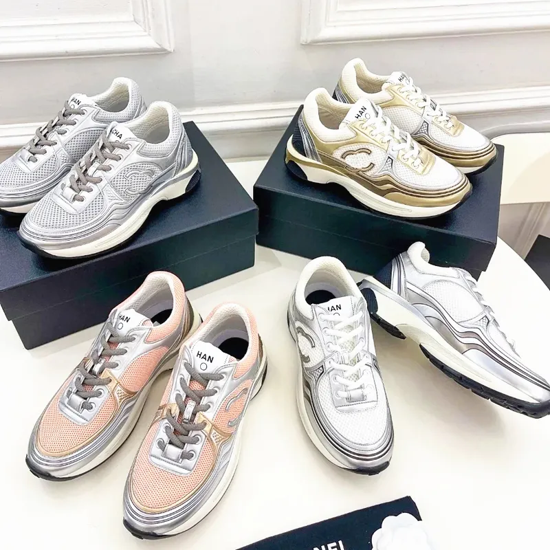 Vit rosa dubbel cc sneaker plattform sko kvinna man designer casual sko lyx tränare klänning sport run kanal läder mocka duk tyg silver gyllene skor