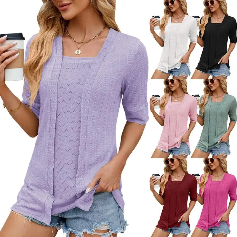 Camisetas para mujer, camisa de retales con cuello cuadrado de Color sólido, Top informal de moda, manga larga de LICRA de algodón para mujer mediana