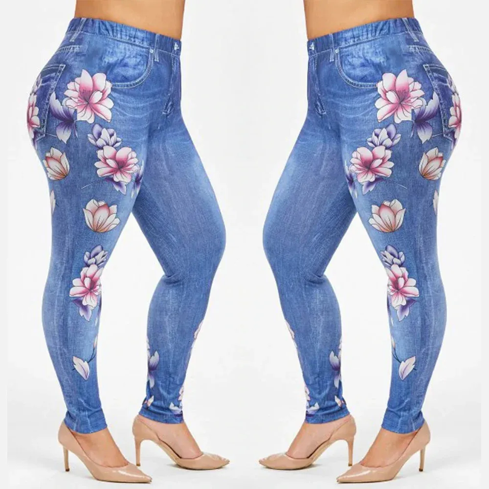 Mode Faux Denim Leggings Plus Größe Frauen Straße Casual Drucken Hohe Taille Hose Übergroßen Sexy Dünne Elastische Dünne Hosen 240119