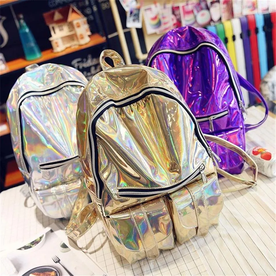 Designer - Pu Leather Laser Women Sac 3 couleurs style mode imperméable Holographic Back Pack pour hommes Nouveaux sacs à dos pour l'école255