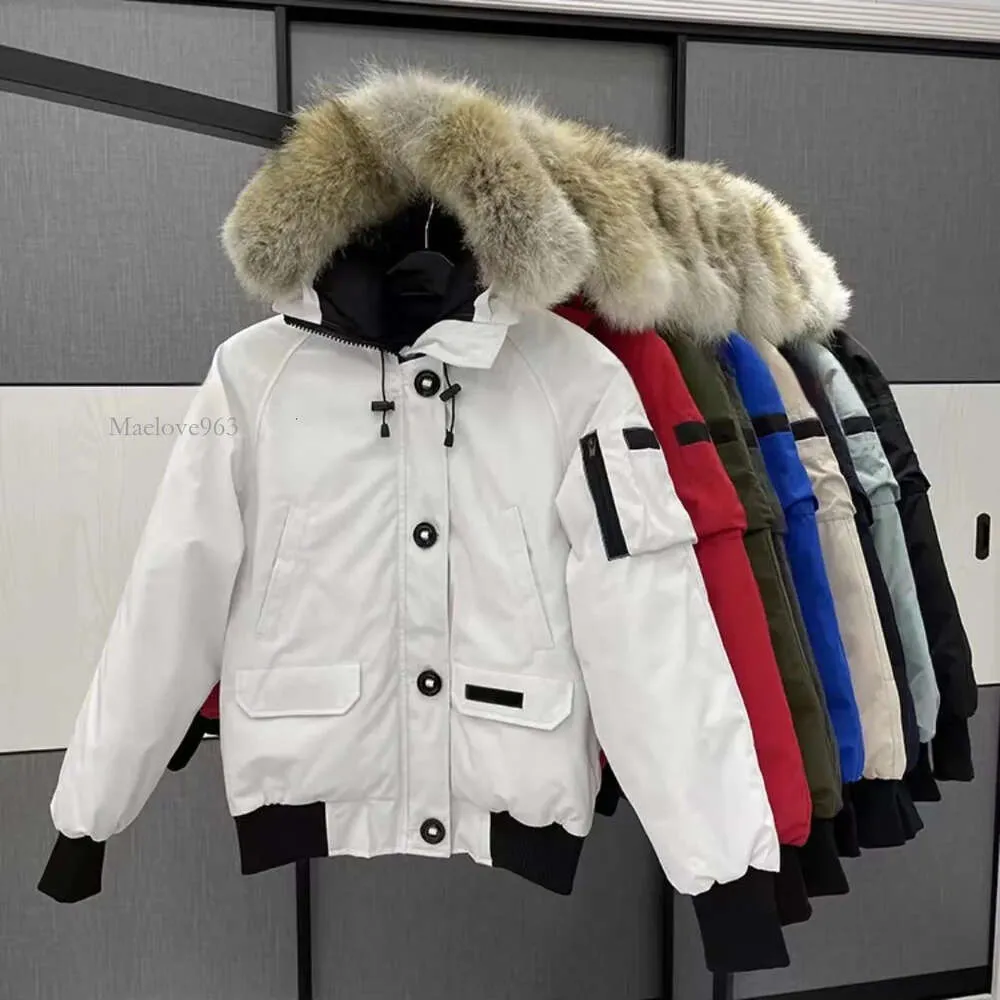 캐나다 디자이너 남성 조종사 파일럿 다운 재킷 진짜 늑대 모피 후드 캔버스 파카스 편지 패치 따뜻한 두꺼운 아웃복 여자 겨울 구스 코트 D88