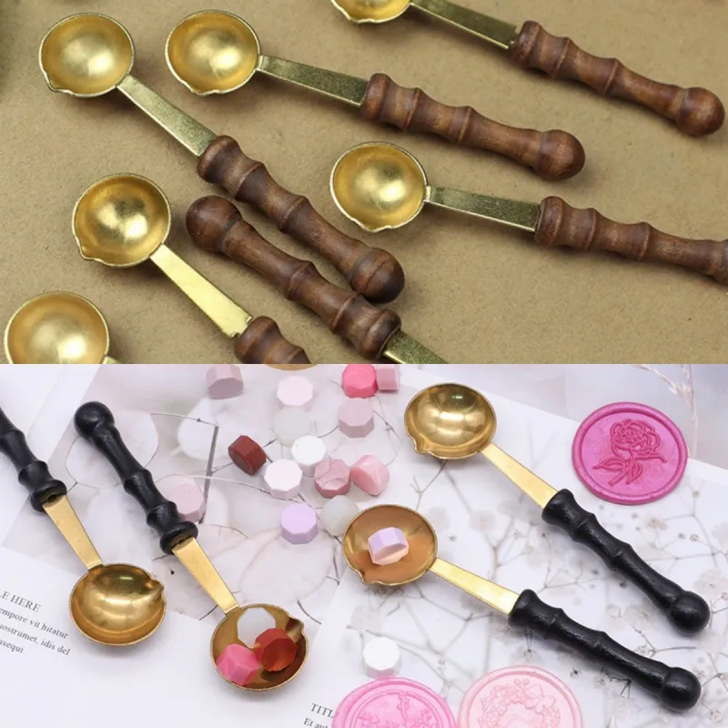 Wax Spoon Vintage Style Wooden Handle Copper Wax Sealing Stamp Melting Spoon for Wedding Invitations and Envelope Seal Making MHY021