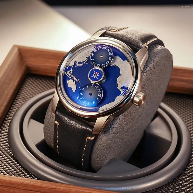 Orologi da polso OBLVLO Orologio meccanico automatico da uomo Design quadrante terrestre Zaffiro luminoso in pelle blu per uomo JM-EARTH