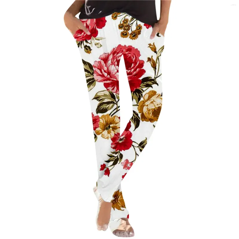Calças femininas boêmia praia yoga para mulheres casual solto elástico cintura alta calças primavera verão floral impressão harem com bolsos
