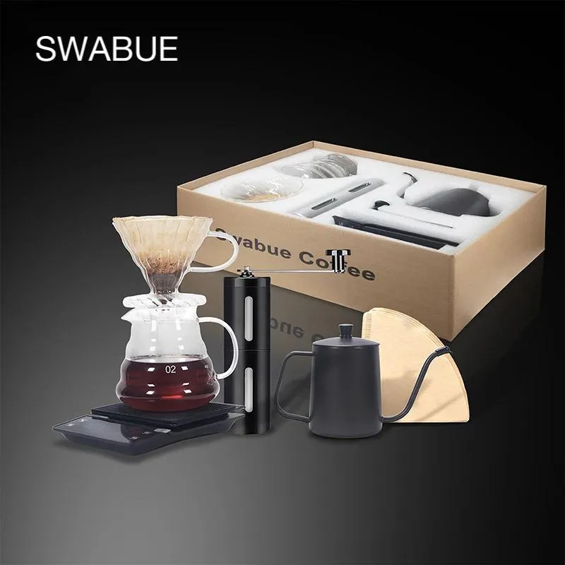 Mills Swabue Verser sur des ensembles de café Filtre Papesr Dripper Glasse Pots 500 ml SCOME SCALE MANUEL GRINDER CAFE MAKER 4/5 SETS