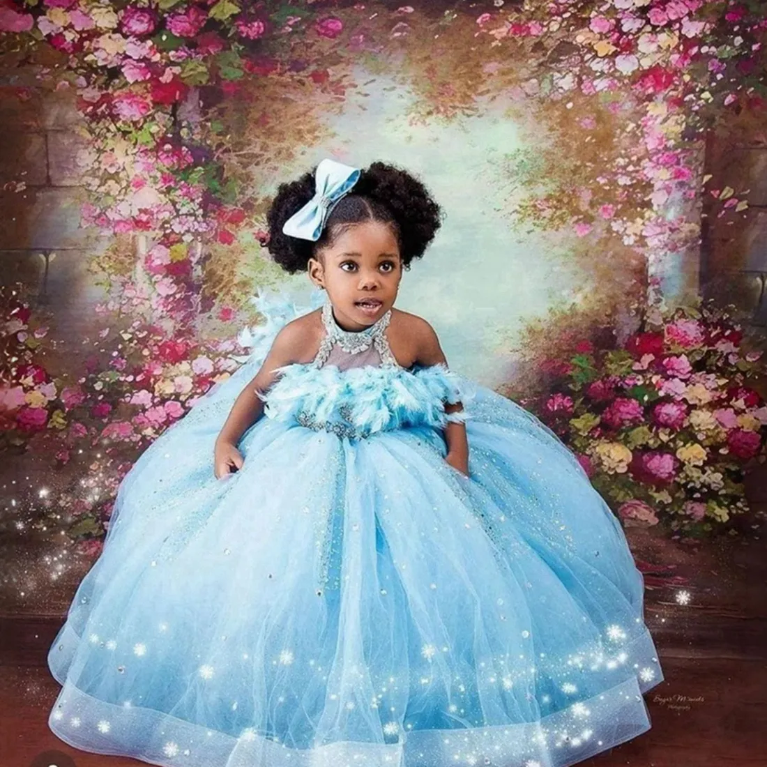 Skyblue Flower Girl Dresses Halter Feather Rehinestones Ball Gown Princess Flowergirl Dresses Little Kids Birthday Party Gowns Daughter and Mother Dress CF044