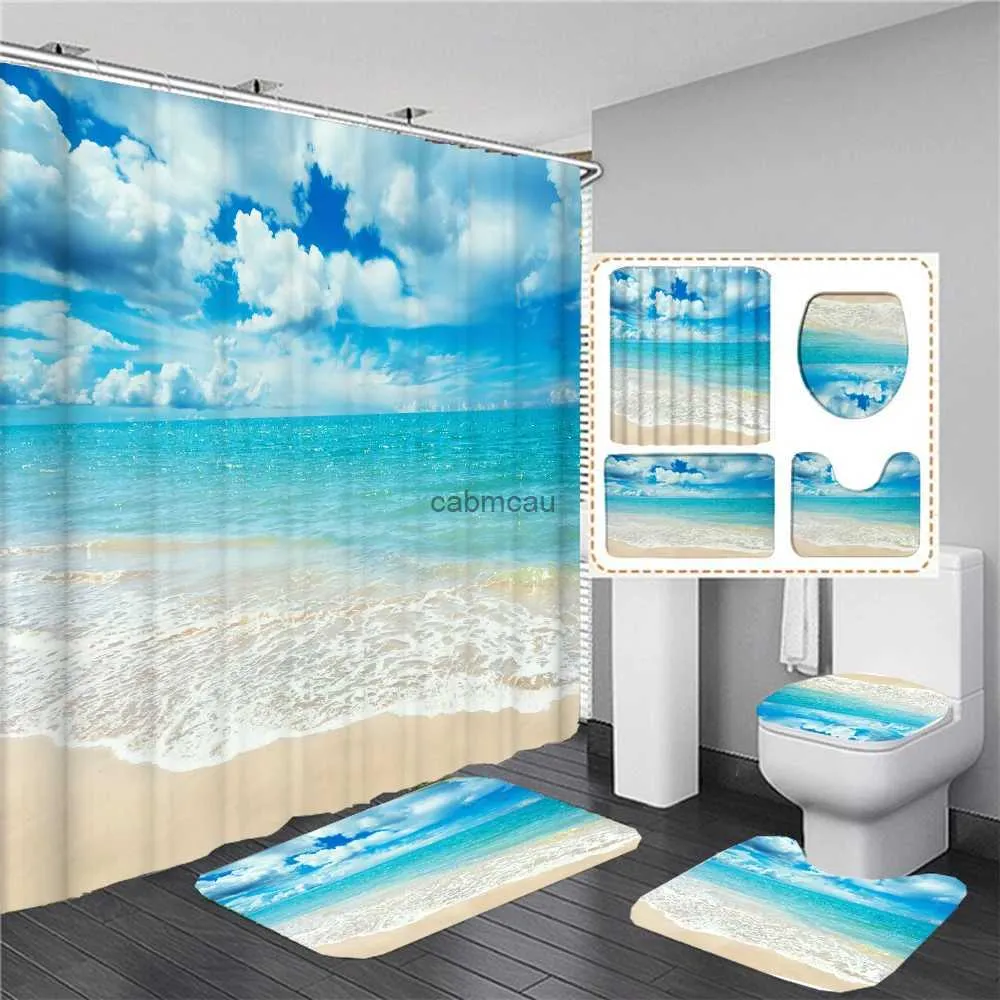 Cortinas de ducha 3D, paisaje de playa junto al mar, cubierta de inodoro, juegos de alfombrillas de baño, juego de cortinas de baño con estampado de árboles de coco, cortinas de ducha de tela impermeables