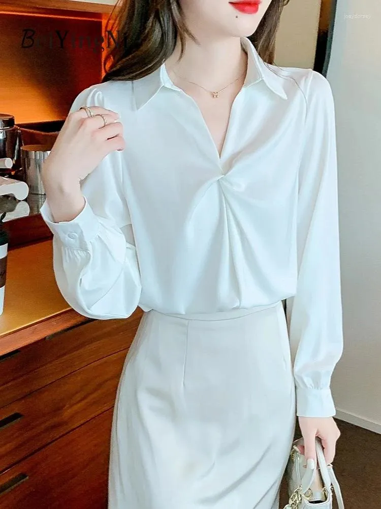 Camicette da donna Beiyingni Coreano Casual Blusas Donna Tinta unita Increspato Primavera Autunno Manica lunga Camicie eleganti Donna Francese di lusso OL