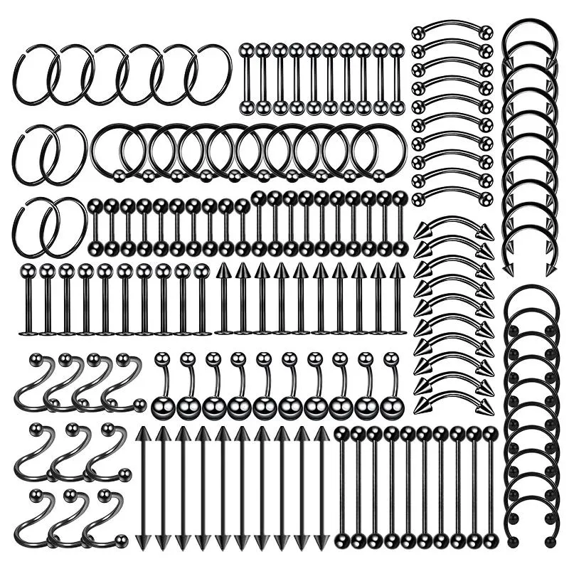 Bijoux 150pc Corps en acier chirurgical Piercing bijoux Lot en vrac Anneau de nez Terbère Lot Source Labret Piercing Set Horseshoe Ring Lot Pack