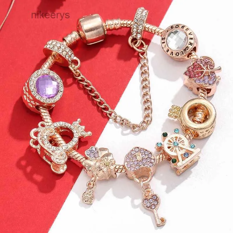 2018 Nouveau bracelet à breloques en or rose coccinelle fleur coeur casier clé pendentif perles européennes bracelet en nid d'abeille convient aux bracelets collier JZ2X