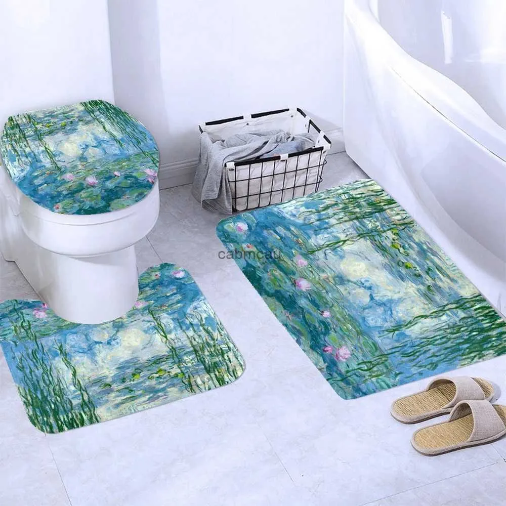 Shower Curtains Art Abstraction Plant Water lily Shower Curtain Sets Flowers Fabric Bathroom Curtains Non-Slip Toilet Cover Rug Baths Mats Decor