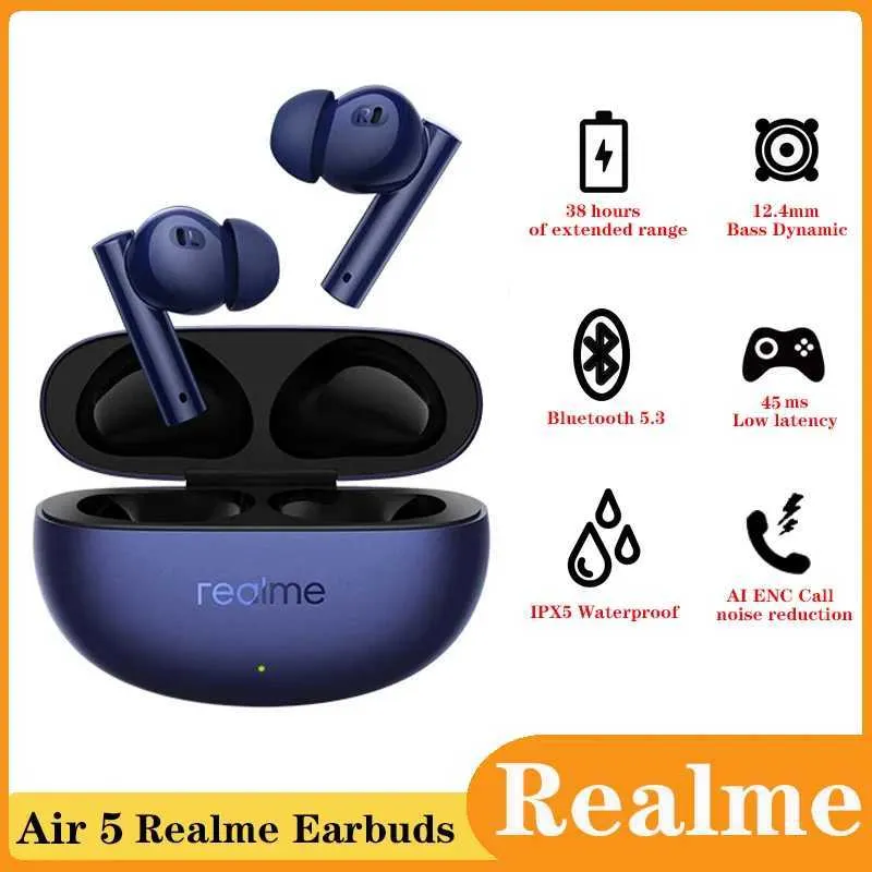 Mobiltelefonörlurar Realme Buds Air 5 Trådlös Bluetooth 5.3 Earbud Waterproof Sport hörlurar Aktivt brus Låg latens Gaming TWS Earphone med MIC J240123