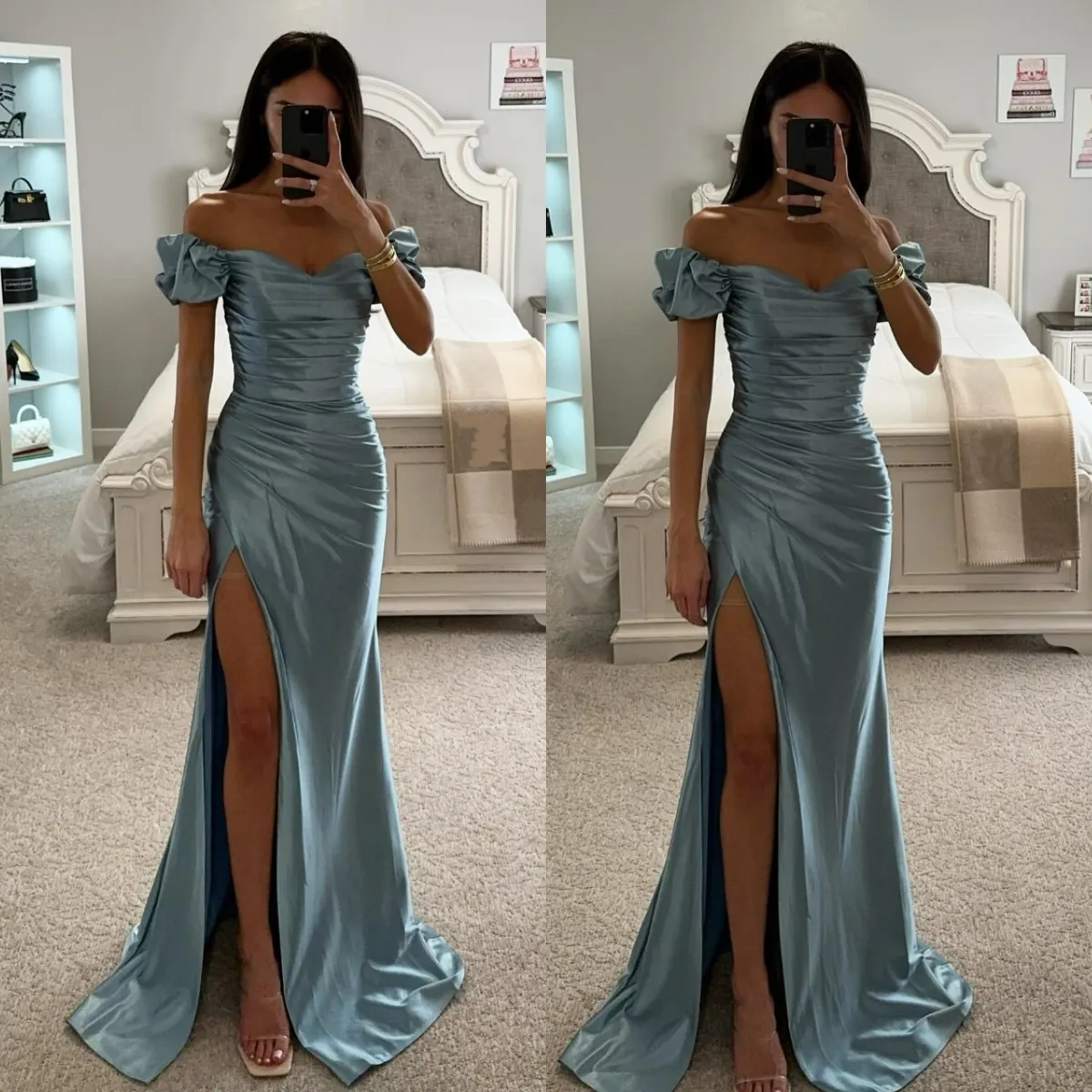 Haze Blue Mermaid Prom Dress Off Shoulder Satin Evening Dress Elegant veck Split Formal Long Special Occase Party Dress Promdress Robe de Soiree