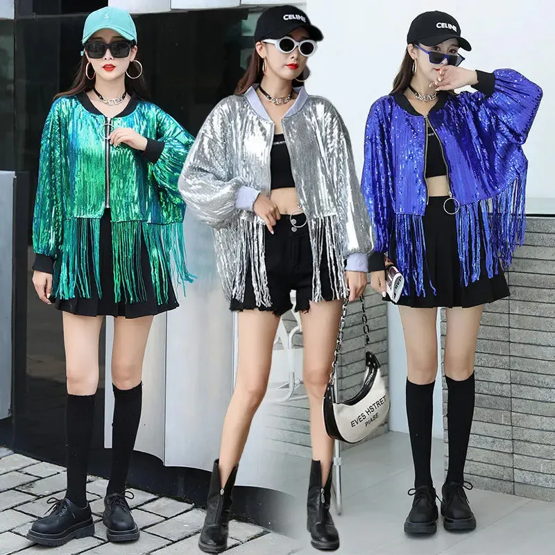 Mode Women's Jacket 2024 Spring New Women's Jacket Sequin Women's Top Loose Long Pleated Performance Clothing 240123