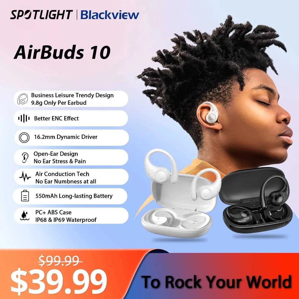 Mobiltelefonörlurar blackview airbuds 10 airkuddar 10 pro öppet öron headset trådlösa hörlurar sport luft ledning bas enc hörlurar tws med mic j240123