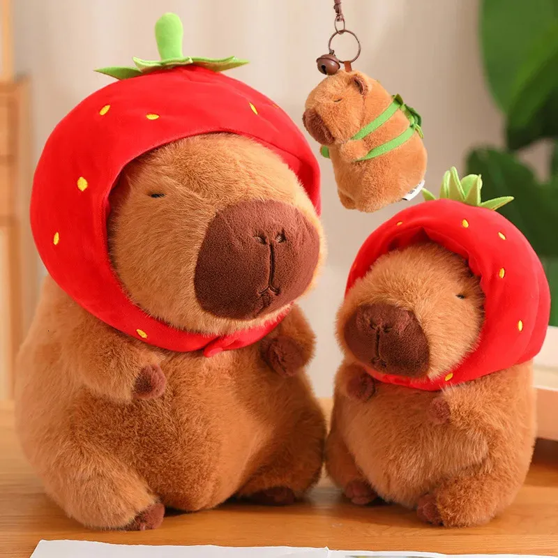 Capybara Peluche Jouet Kawaii Animaux En Peluche Fluffy Capybara Avec Fraise Tortue Slap Bracelet porte-clés Cadeau D'anniversaire 240118