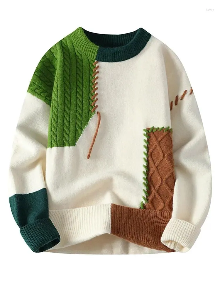 Мужские свитера, мужской свитер с контрастным круглым вырезом и вставками, осень-зима 2024, винтажный свободный вязаный пуловер с длинными рукавами, модный повседневный мужской