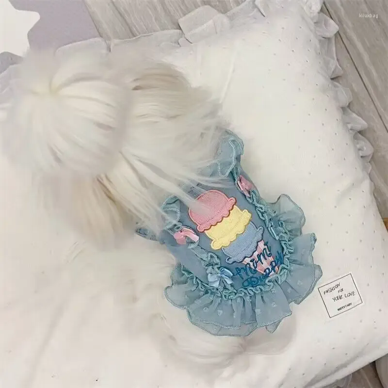 Cão vestuário roupas para animais de estimação vestido de sorvete para cães roupas gato pequeno bowknot lacework bonito fino verão azul chihuahua produtos 2024