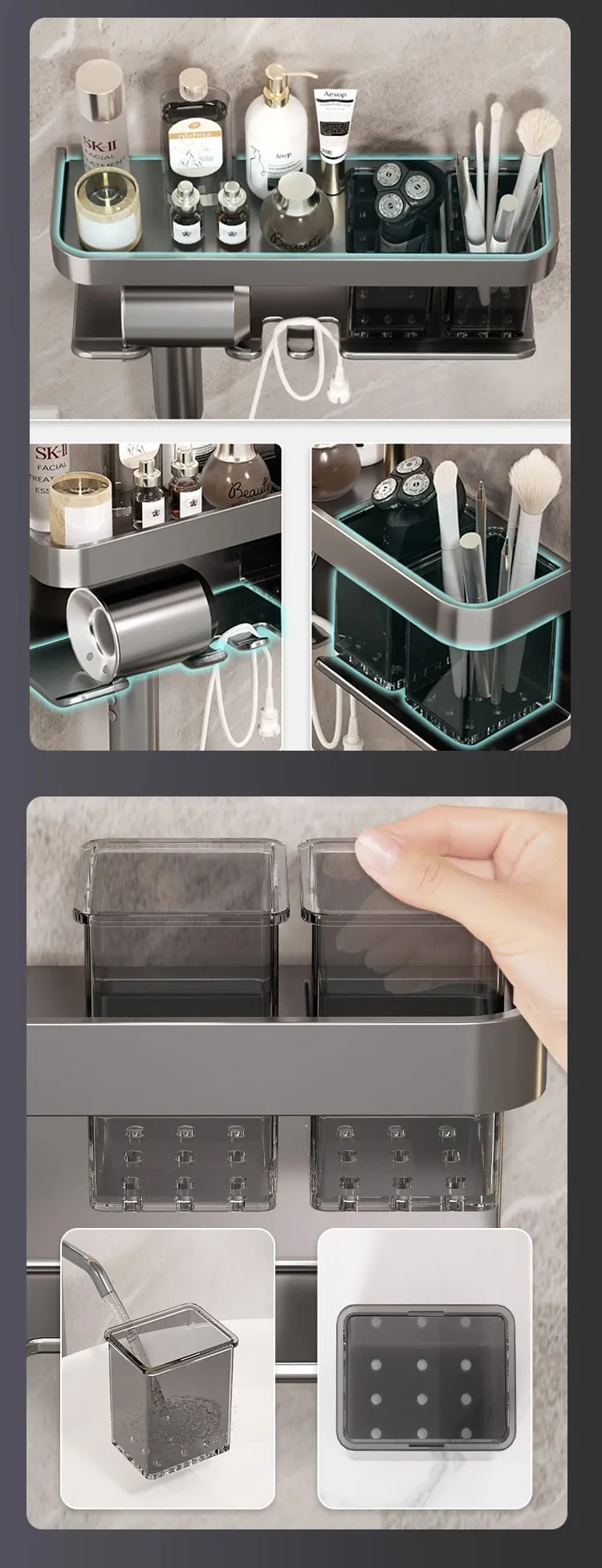 Organisateur de salle de bain Support de sèche-cheveux Support organisé Support de lisseur mural Étagère de salle de bain Étagères de rangement Étagères d'accessoires Étagères de salle de bain ( Color