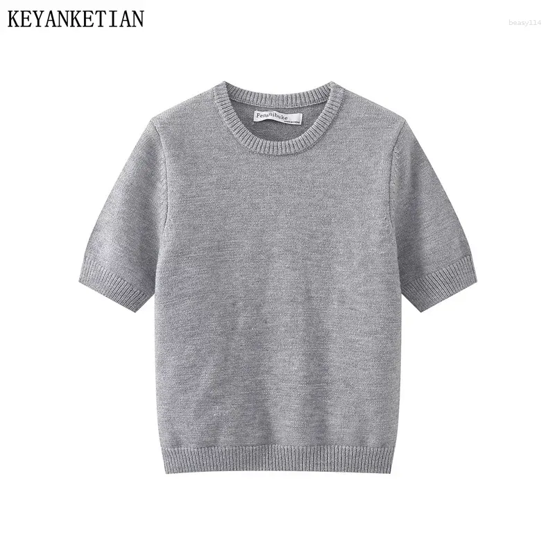 Chandails pour femmes Keyanketian 2024 Lancement Col rond Pull gris à manches courtes Été Élégant Simplement Mince Crop Top Top Pull