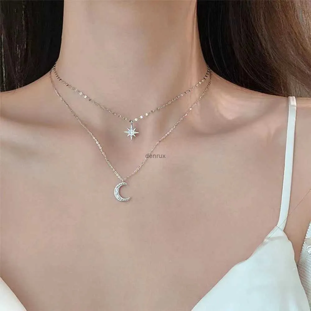 Pendant Necklaces SUMENG 2024 Simple Double Layer Star Moon Charm Multilayered Necklace Delicate Clavicle Chain Zircon For Women Fashion Jewelry