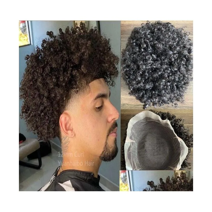 Perucas infantis masculinas 15mm afro onda 1b fl pu toupee peruca masculina indiano remy substituição de cabelo humano 12mm unidade de renda encaracolada para preto me dhwnq