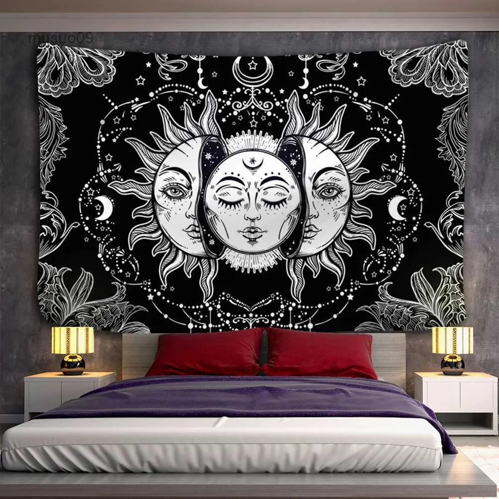 Tapisserier Mandala Tapestry White Black Sun and Moon Tapestry Wall Hanging Tarot Hippie Wall Rugs Dorm Decor Filt