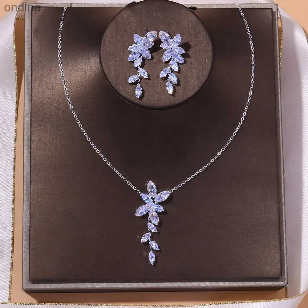 Pendant Necklaces Stonefans Luxury CZ Zirconia Necklaces Jewelry Sets for Women 2023 Silver Color Marquise Dubai Wedding Jewelry Set Bijoux Femme YQ240124