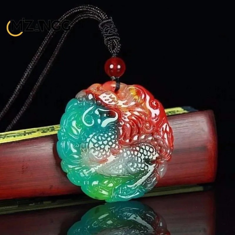 Pingentes natural chinês colorido jade kirin enviar fortuna pingente colares masculinos e femininos esculpidos à mão moda artesanato mascote