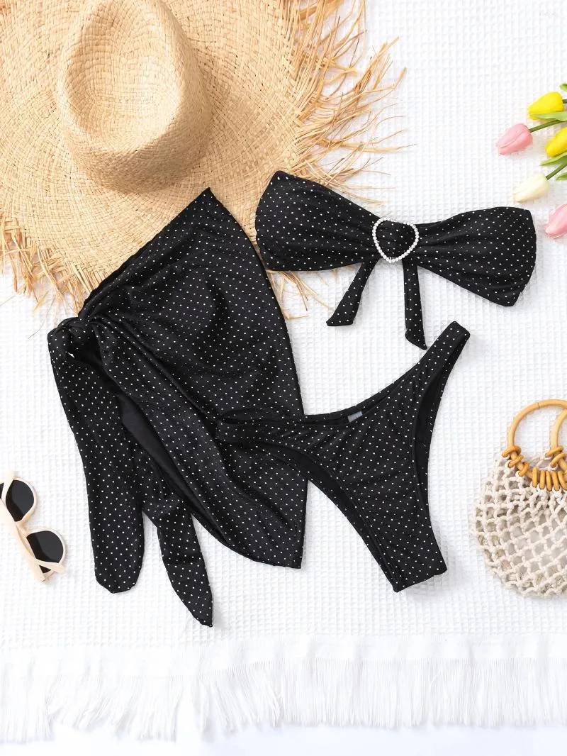 Women's Swimwear Sexy Rhinestone Glitter Black Bikinis Sets Three Pieces With Cover Skirt Thong Swimsuits Beachwear Bathing Suit Biquini