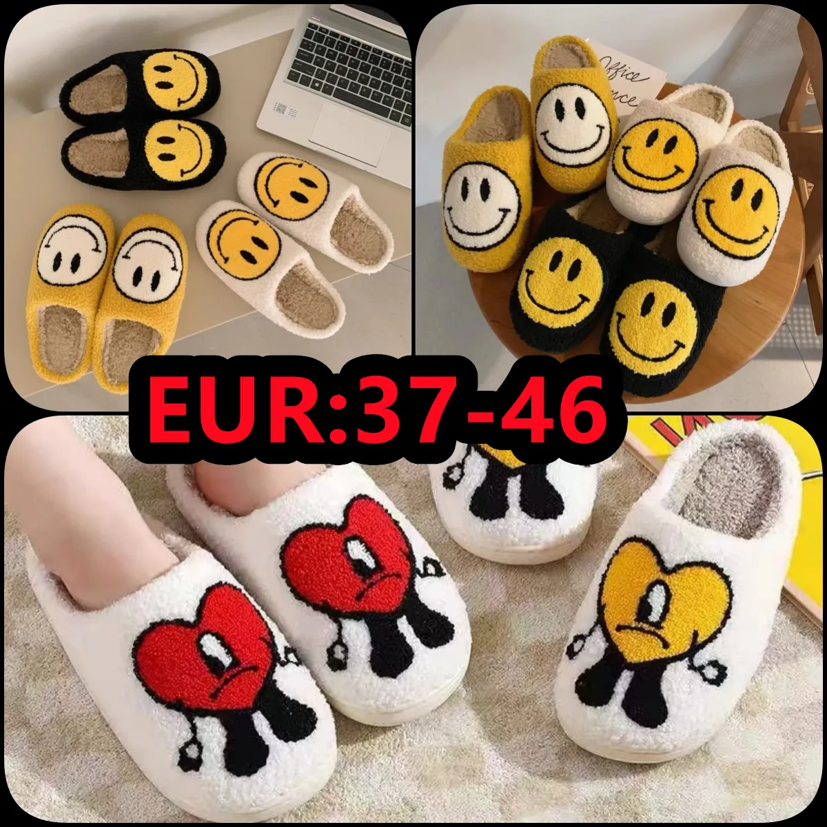 Fashion Women Smile Winter Slippers Soft Plush Faux Fur Shoes Ladies Fluffy Furry Flat Home Indoor Couple Cotton Smiley Face Walking Shoe big size